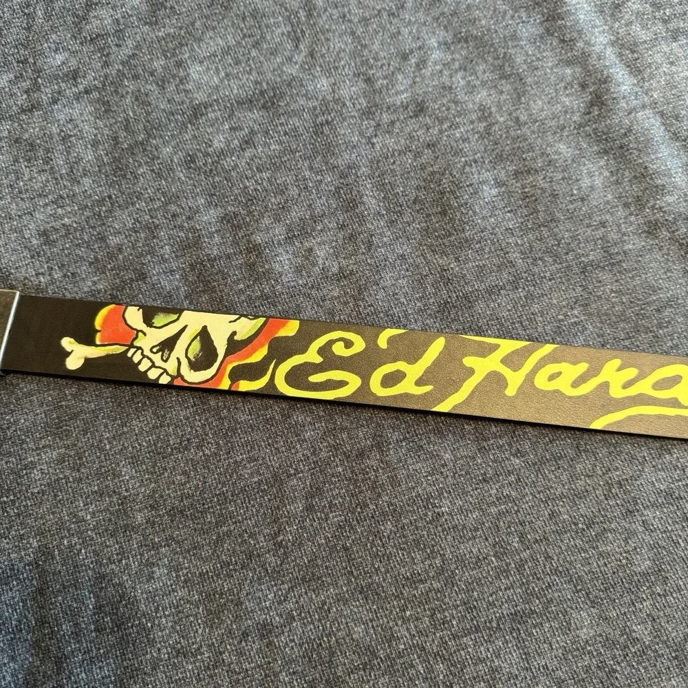 Ed Hardy black leather belt with colorful graffiti-style graphics Size 36 Waist